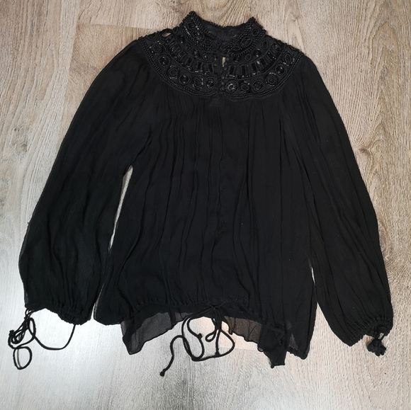 00s Vintage Victorian Gathered Gothic Beaded Neck Mandarin Collar Boho Top - Picture 9 of 15